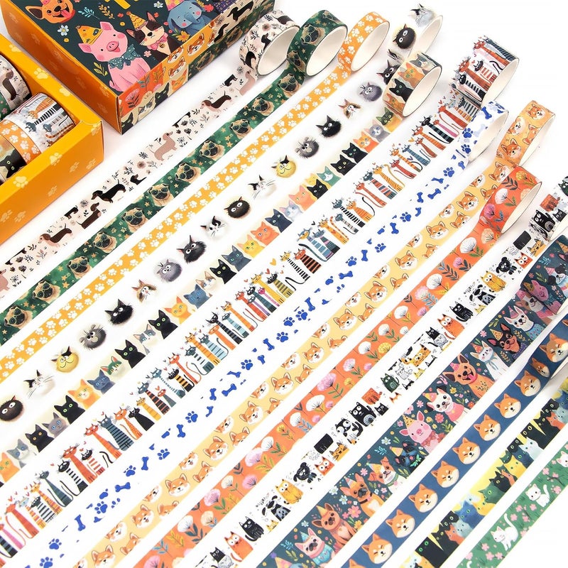 KOVANO Washi Tape Set 14 Rolls, Cute Animal Decorative Tape, Cats Puppies Pugs Designs Washi Tapes for Scrapbooking Supplies, Journaling Supplies, Crafts - Image 3